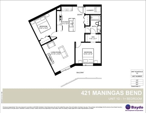 Floor plan for 1 bed, 1 bath, 841 sqft